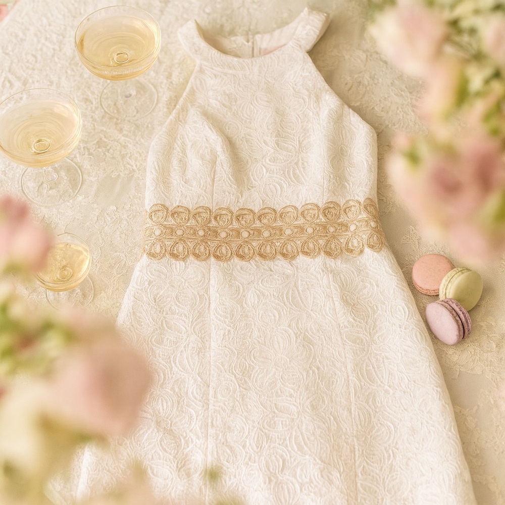 Lilly Pulitzer | White and Gold Lace Shift Dress | Size 0